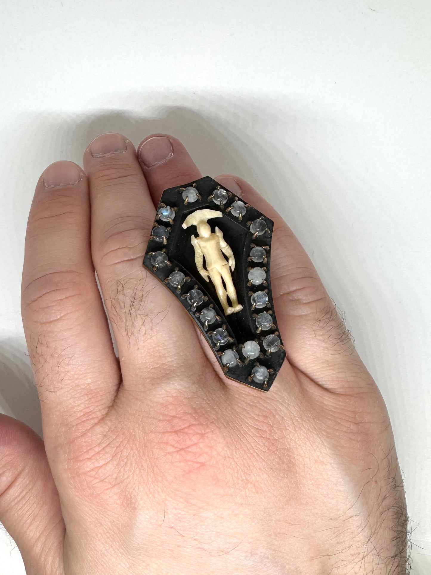 Coffin Ring in Bronze and Moonstone And Horn