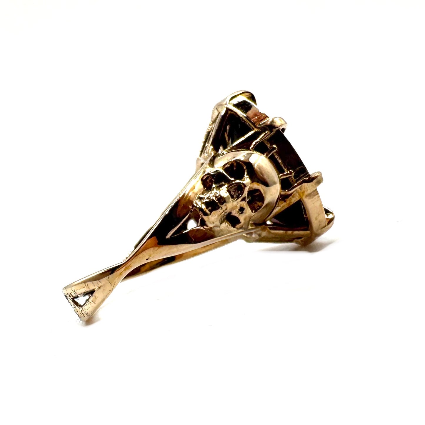 Cathedral skull Ring With Garnet in Bronze