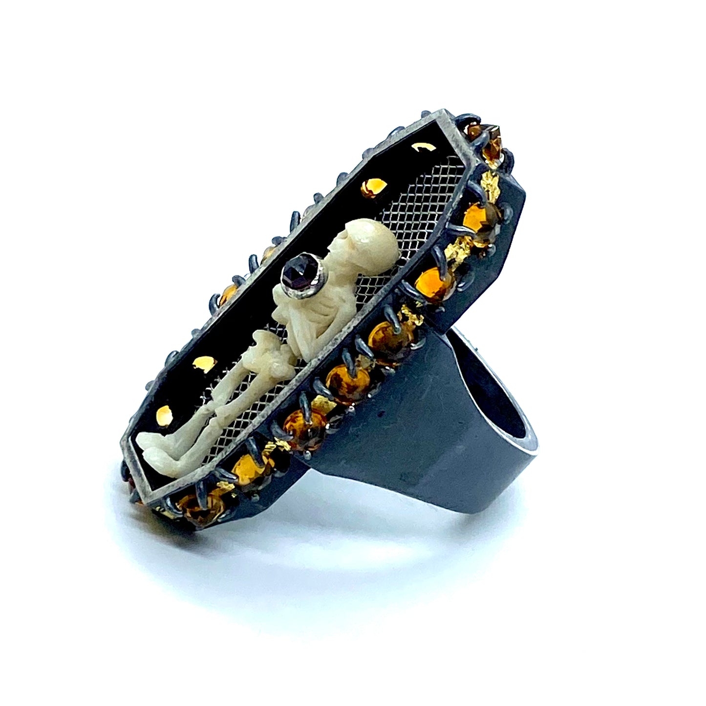 Hephaestus’s Smite Carved Cow Bone Coffin Ring in Sterling Silver With Citrine and Garnet