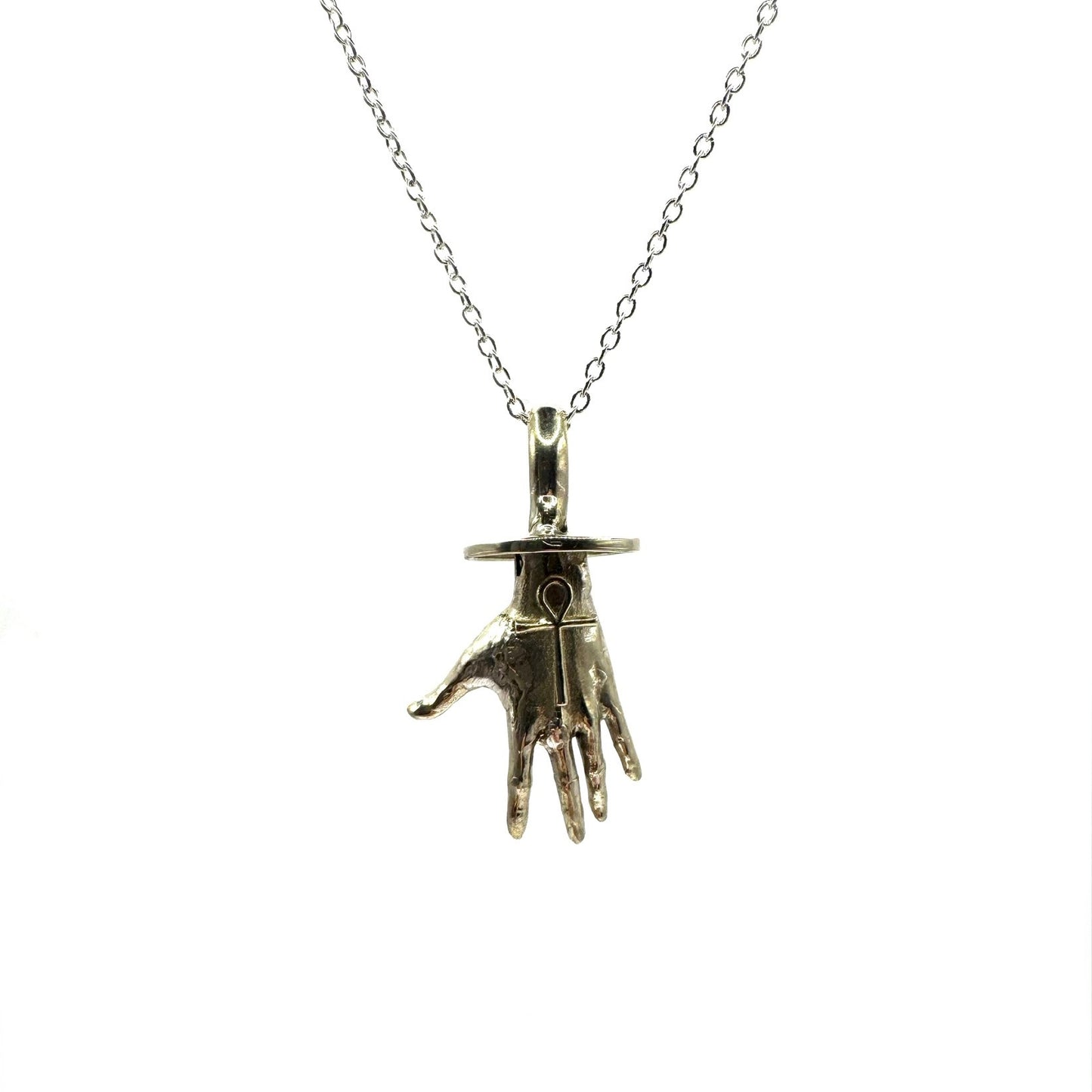 Ankh Hand Talisman Necklace Polished White Bronze
