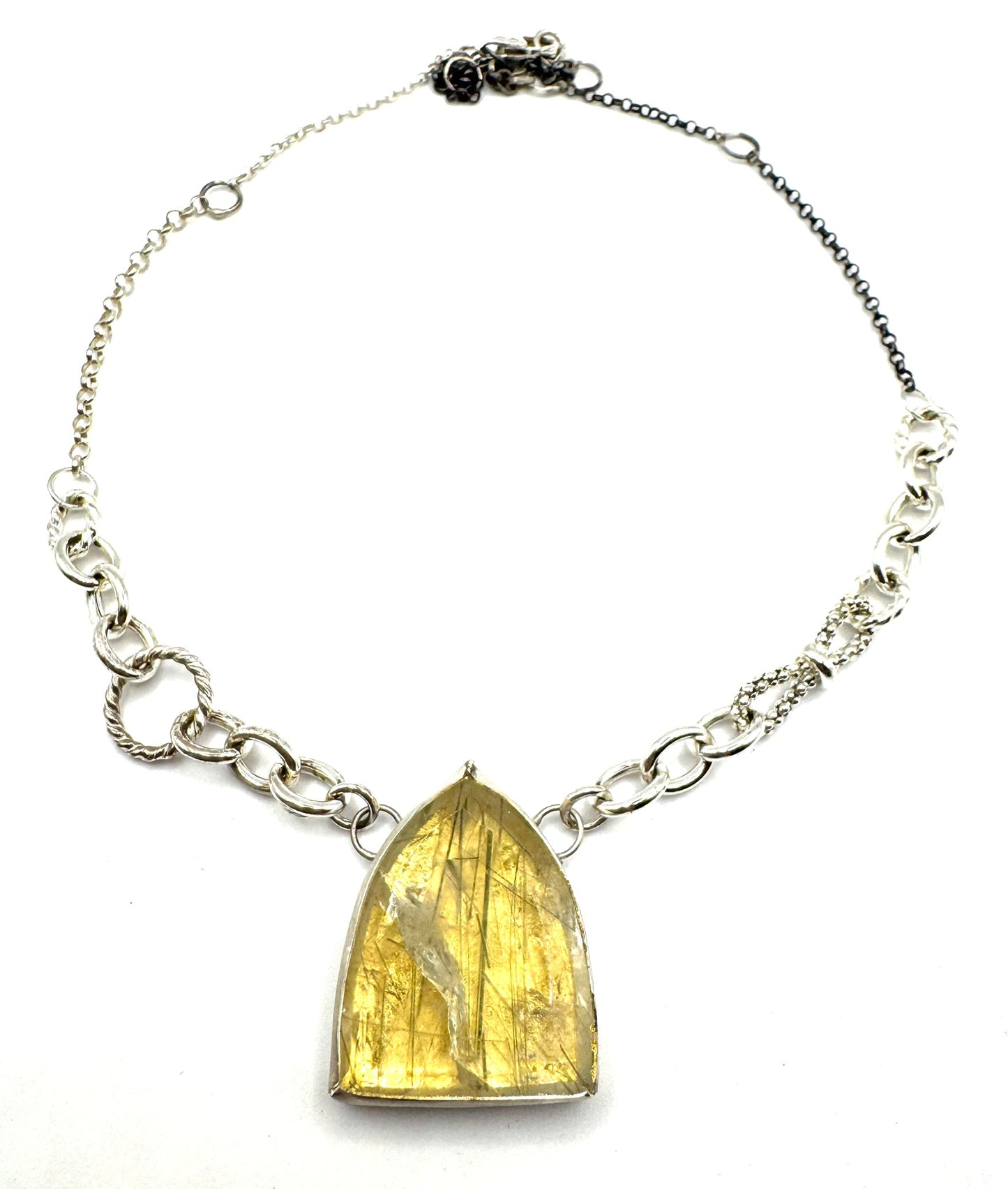 Medusa’s Undoing in Sterling silver and 23k Gold Leaf with Rutilated green quartz