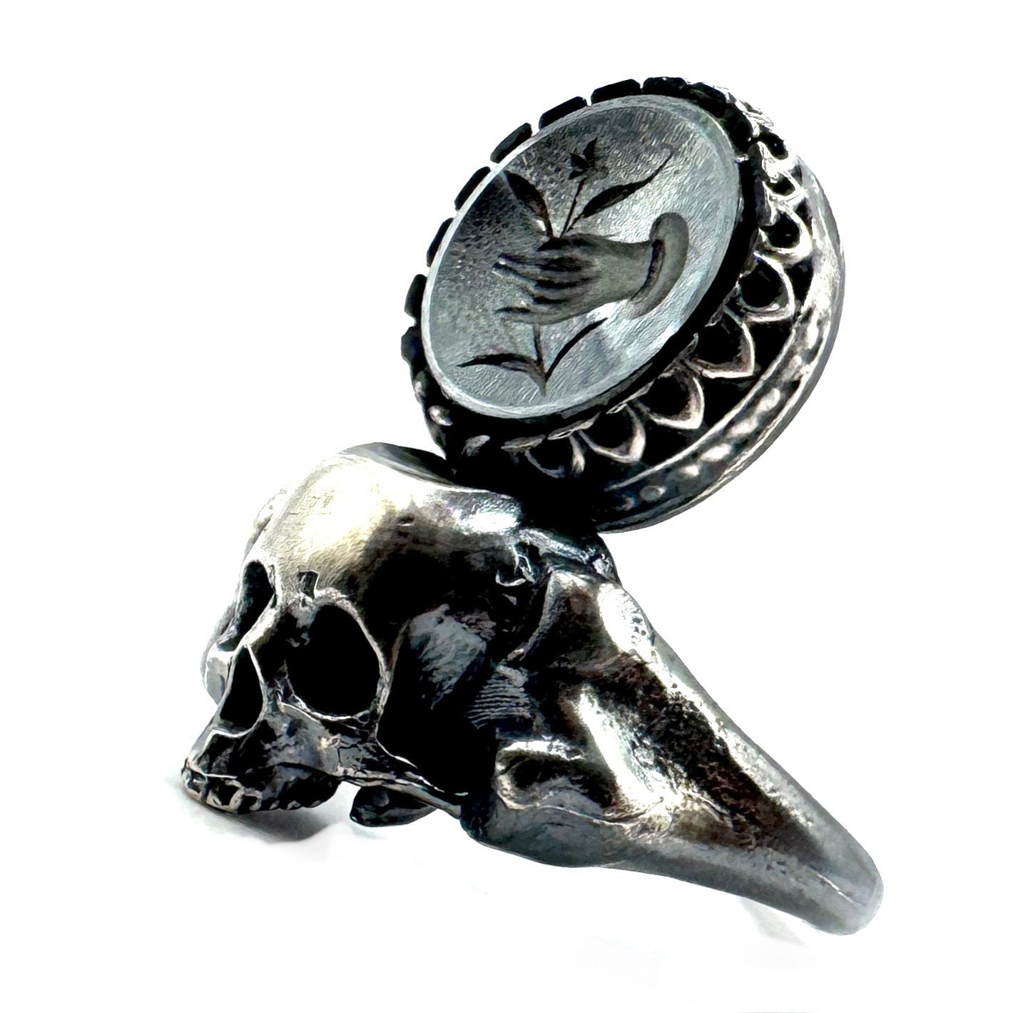 Yorick’s Crown Skull and Bones Ring in Sterling Silver with Intaglio Hematite