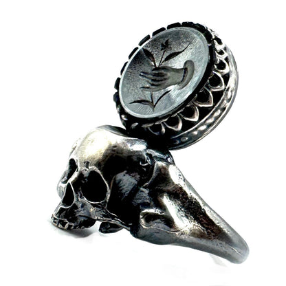 Yorick’s Crown Skull and Bones Ring in Sterling Silver with Intaglio Hematite