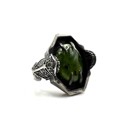 Green Knight Ring with Chrome Chalcedony and Garnet in Sterling Silver