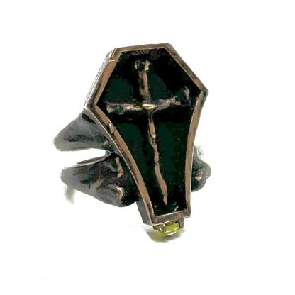 Morrigan's Mark Bronze Coffin Bone Cross Bone Peridot Cab Band Brutalist Ring