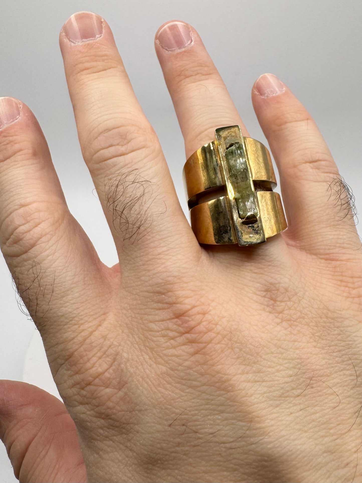 Brutalist Green Tourmaline Modern Ring in Bronze