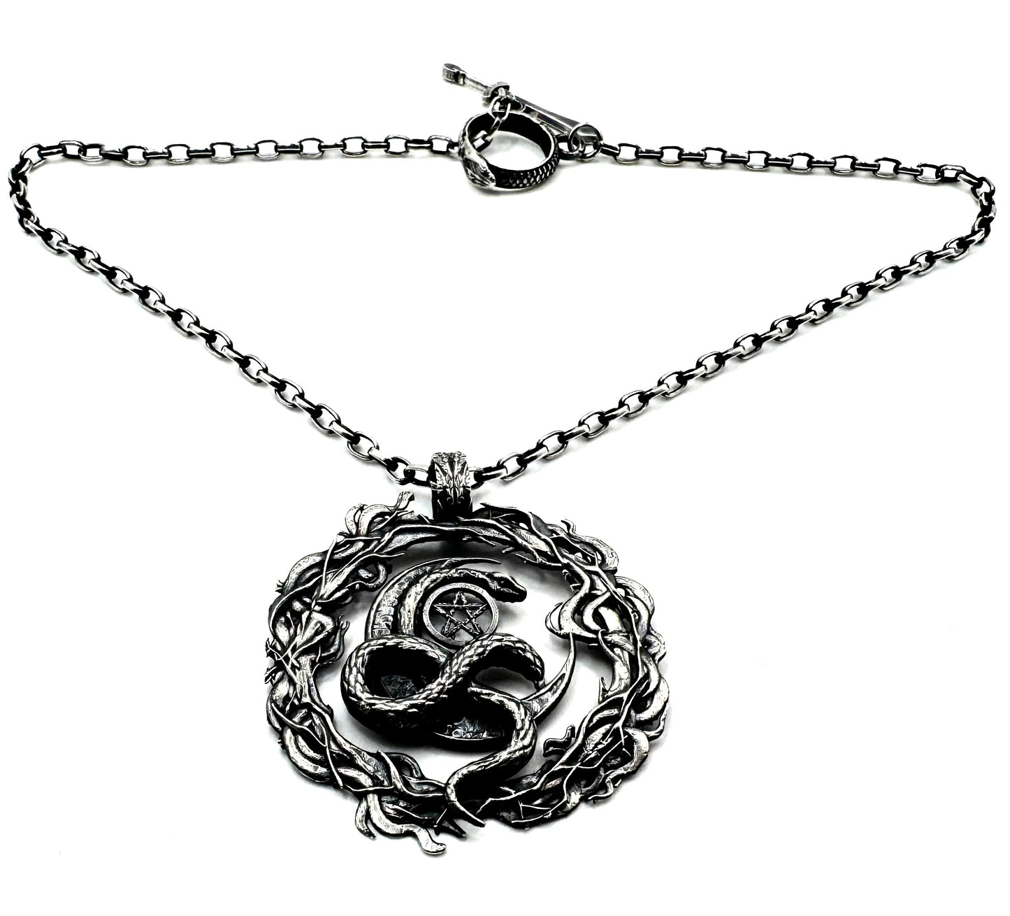 The Eternal Coil Sterling Silver 3.2mm Rolo Chain With Snake Ouroboros Athame Toggle Clasp