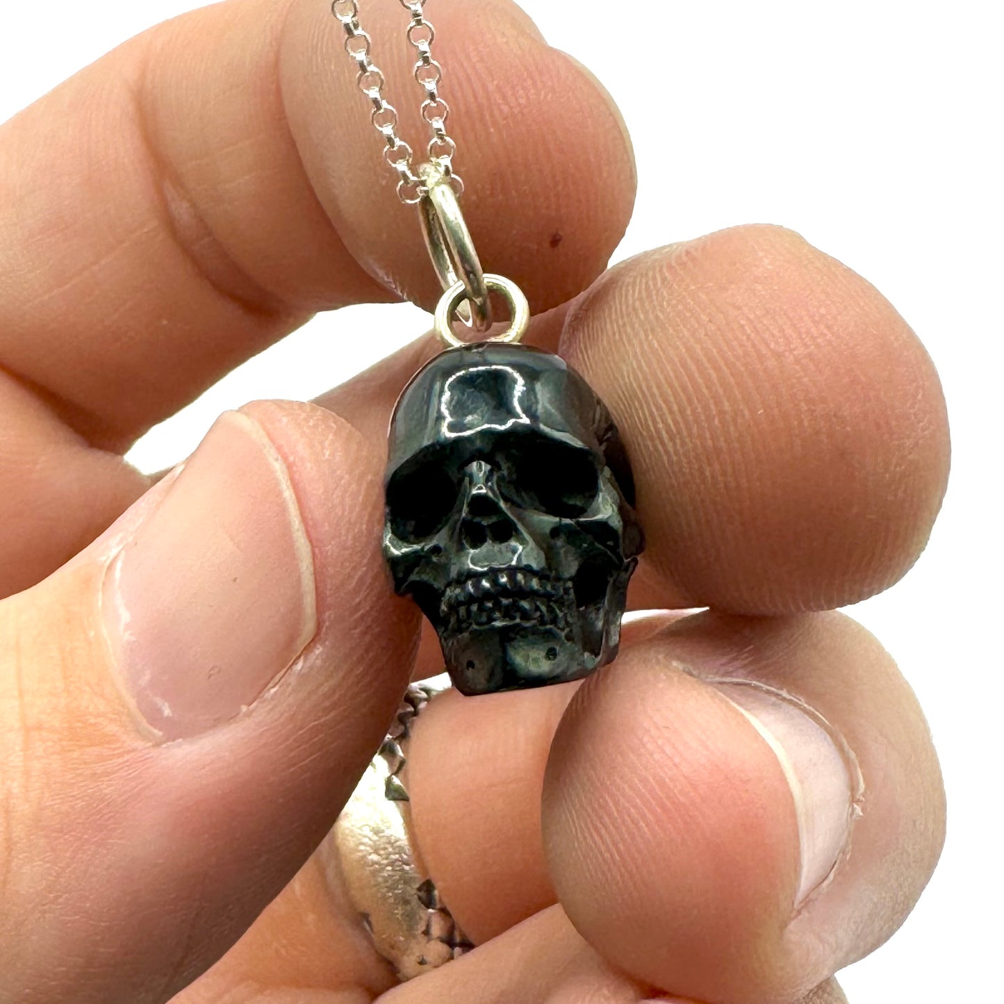 Carved Ebony Skull Necklace Sterling Silver