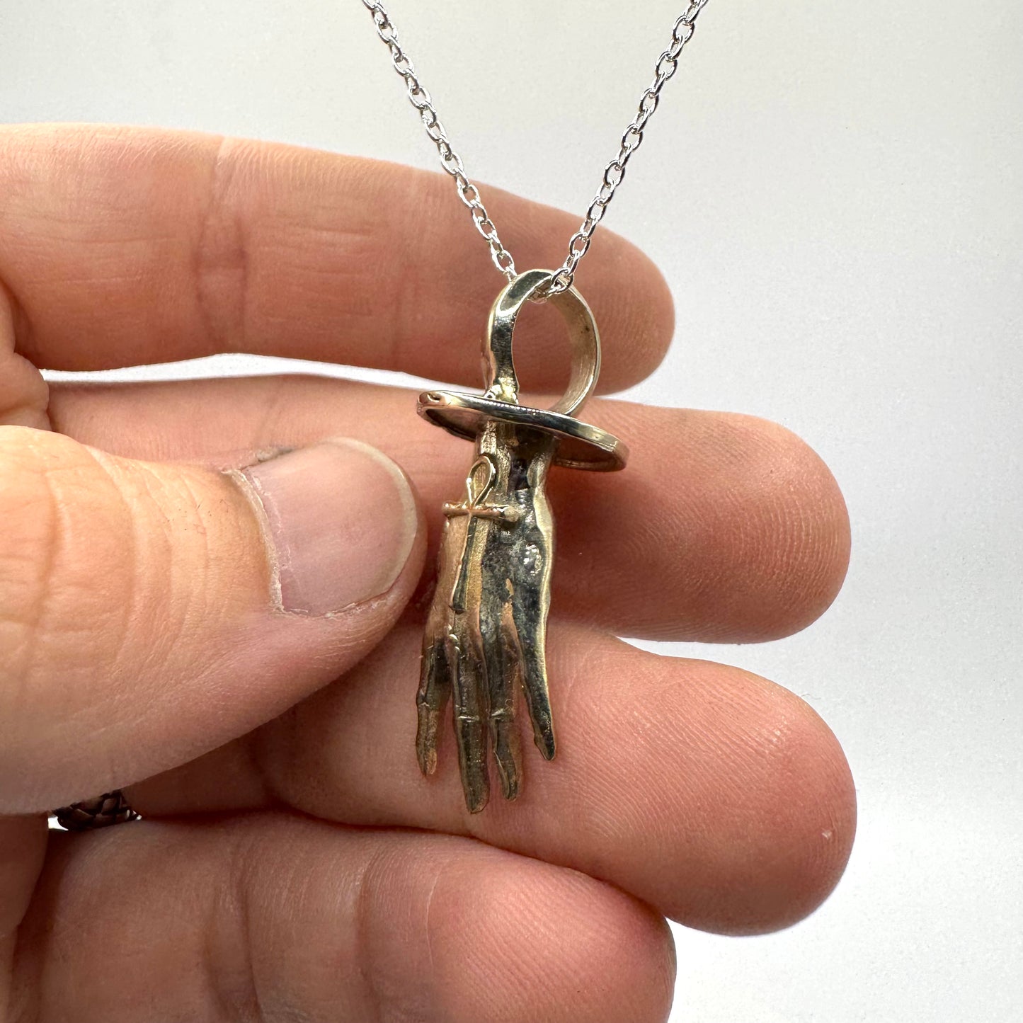 Ankh Hand Talisman Necklace Polished White Bronze