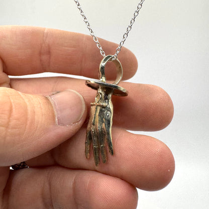 Ankh Hand Talisman Necklace Polished White Bronze