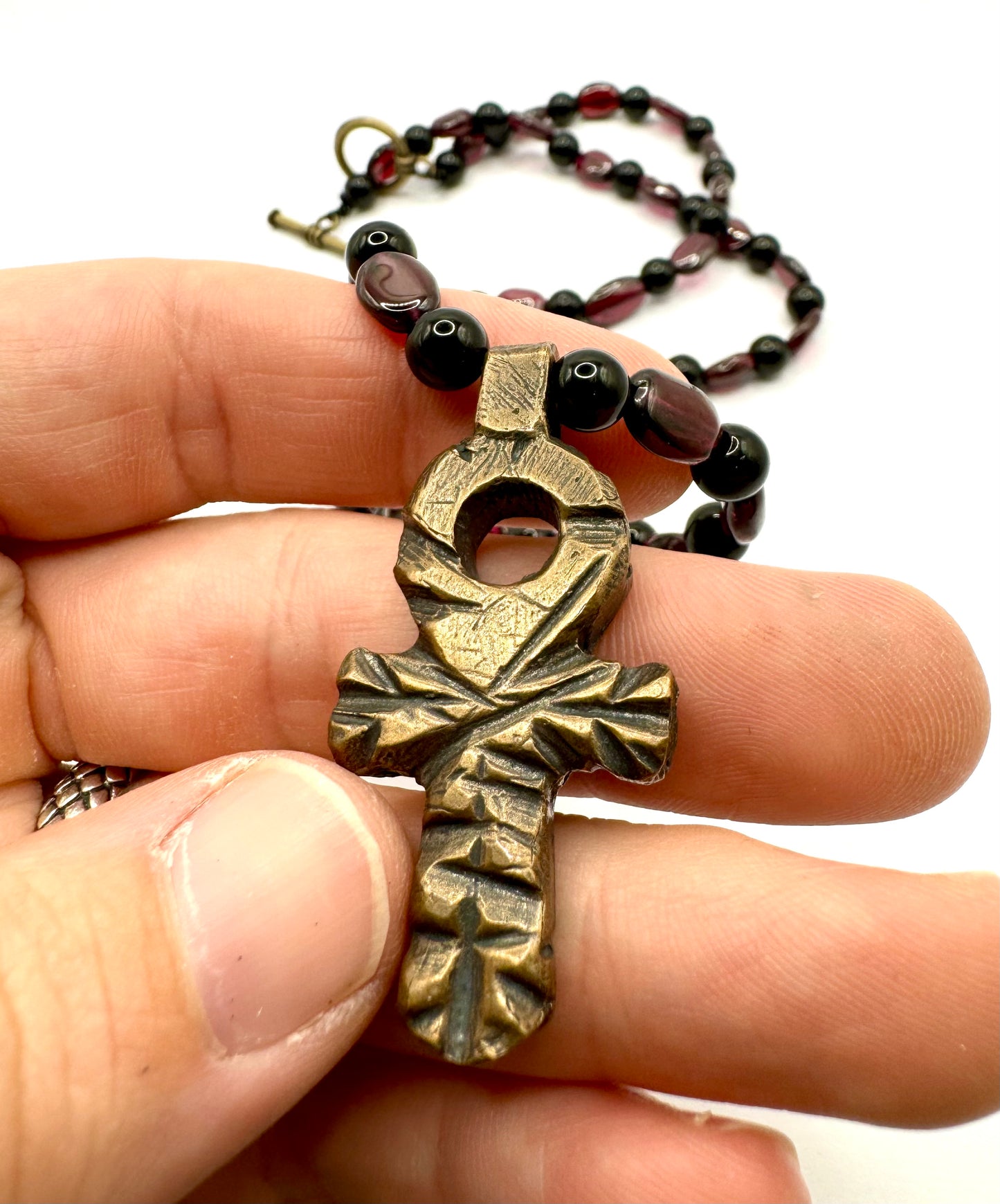 Bronze Ankh on a Garnet and Black Onyx Beaded Necklace with Bronze Toggle