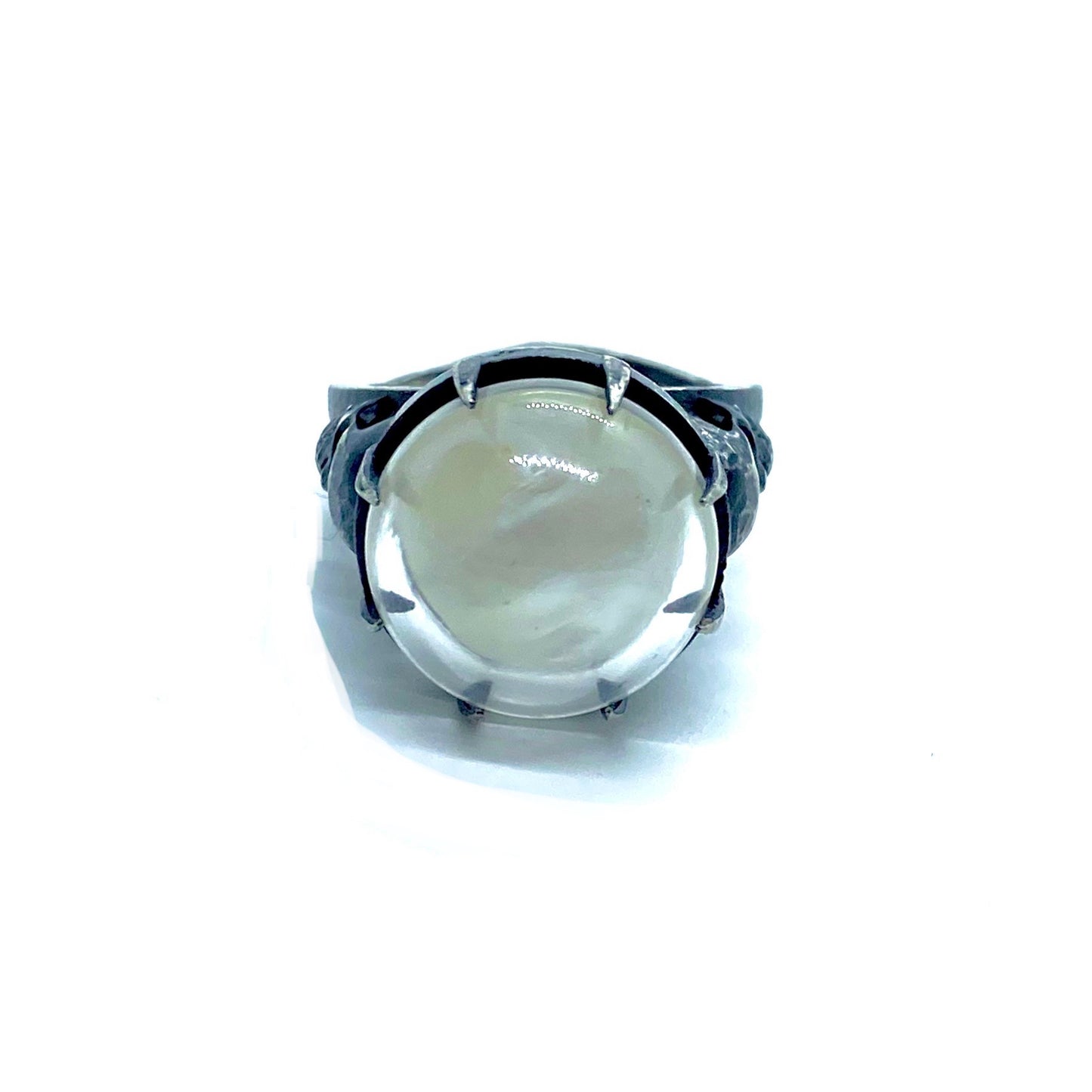 Skull Reliquary Ring with Mother of Pearl and Quartz in Sterling Silver