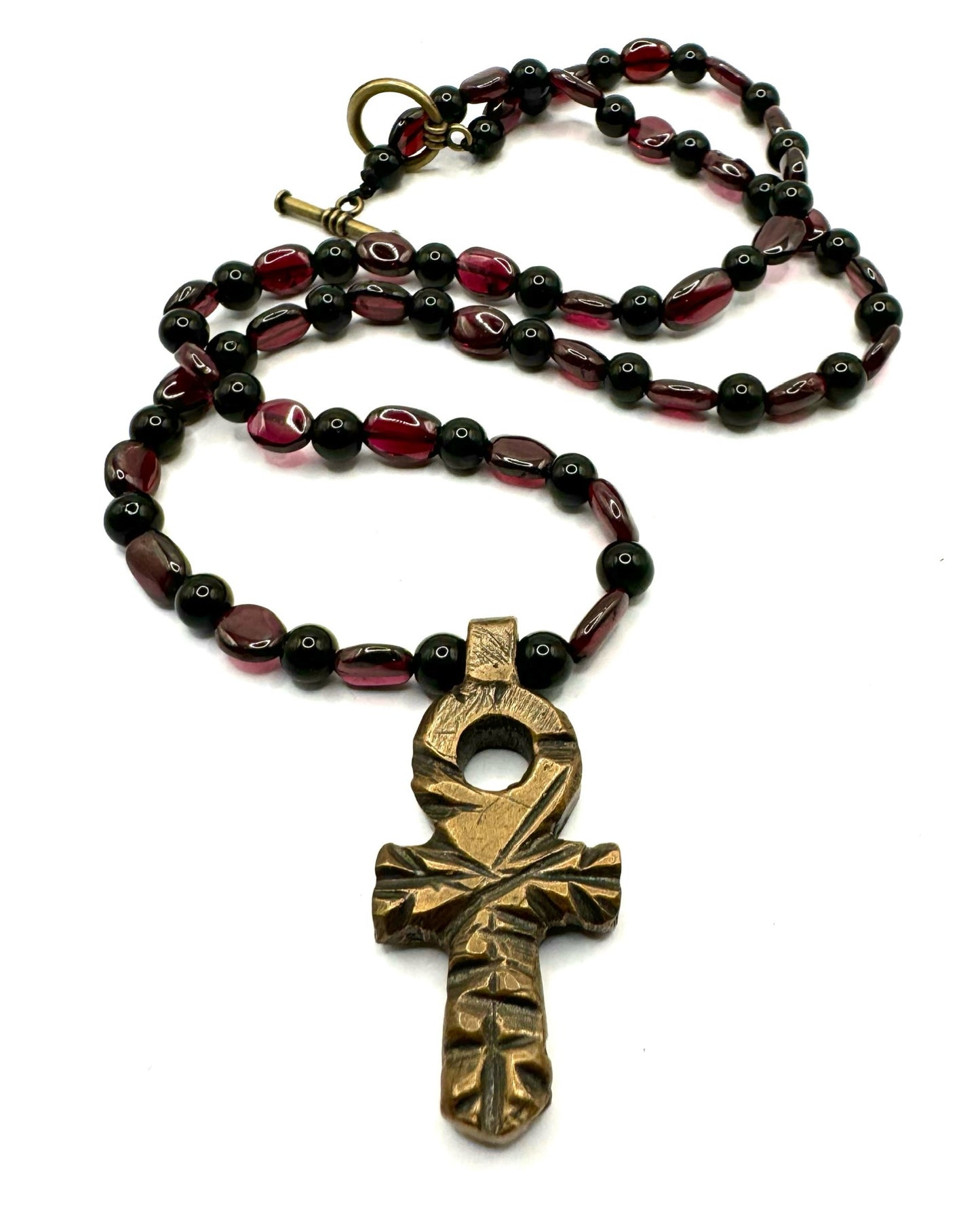 Bronze Ankh on a Garnet and Black Onyx Beaded Necklace with Bronze Toggle