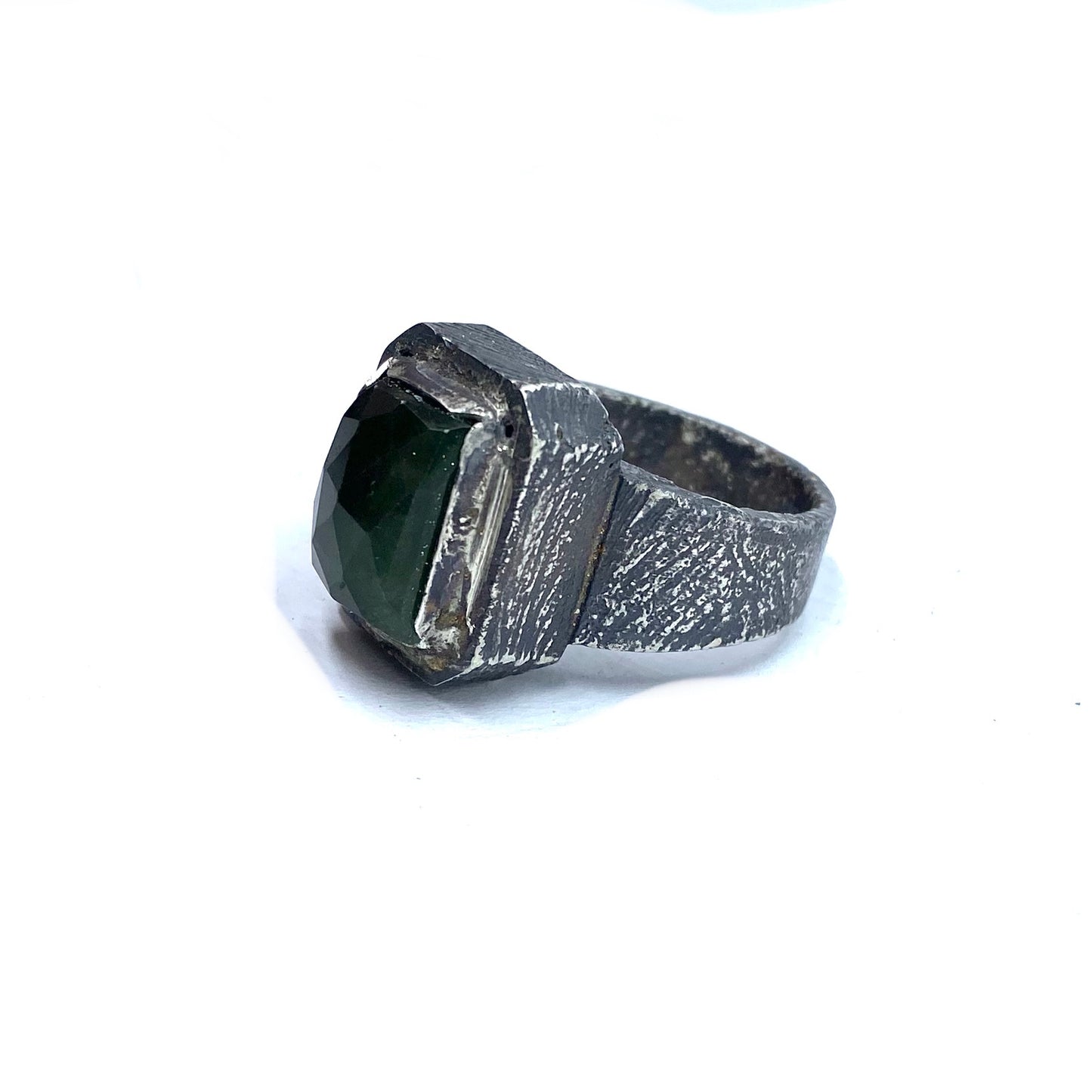Brutalist Ring with Serpentine in Sterling Silver