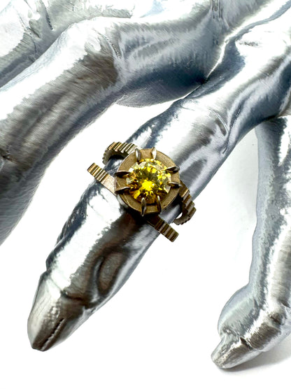 Yellow CZ Bronze Split Band Brutalist Ring