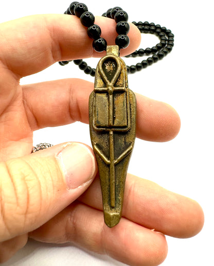 Sekhmet’s Eternal Rest Bronze Ushabti on a Black Onyx Beaded Necklace with Bronze Toggle