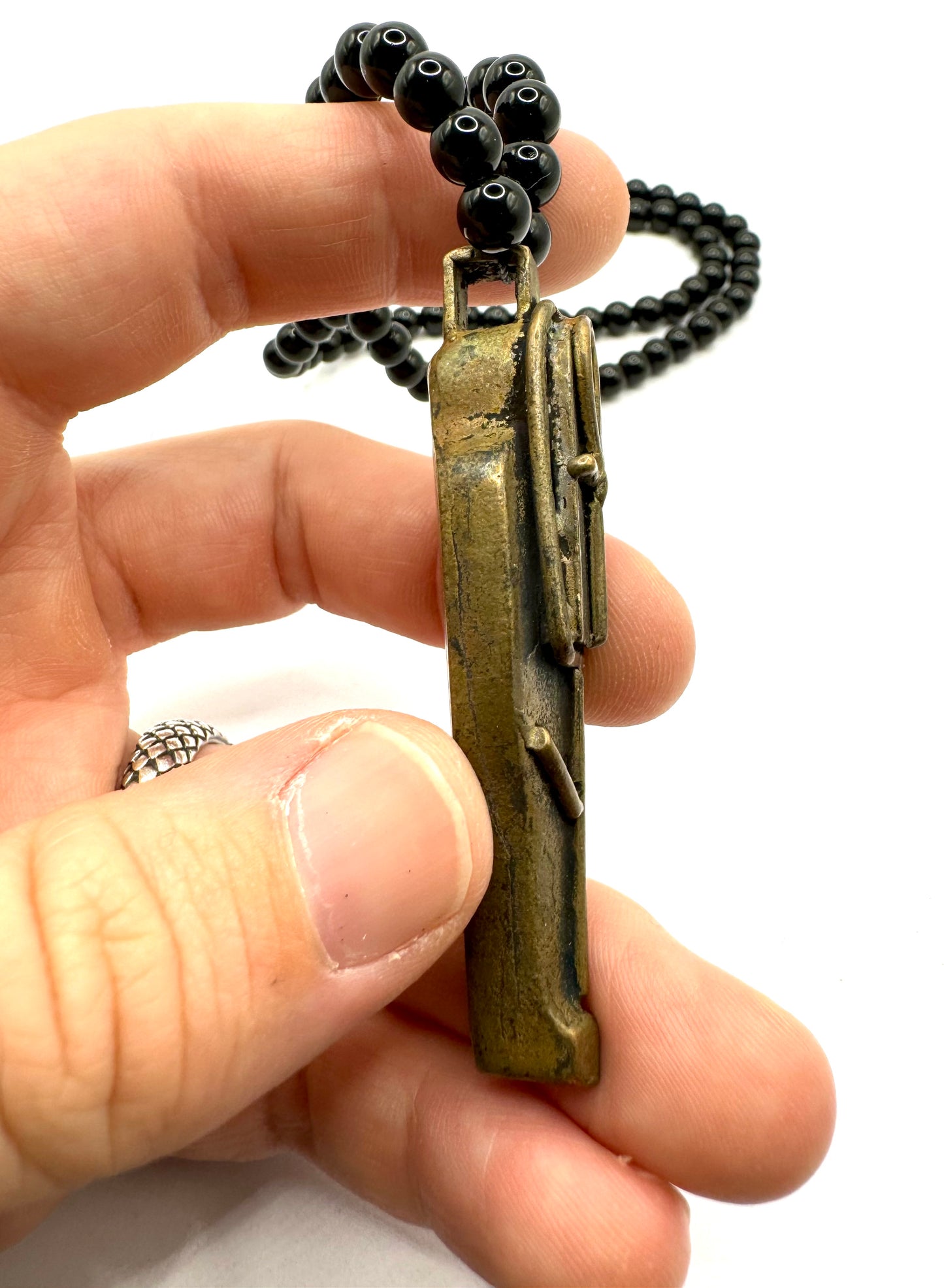 Sekhmet’s Eternal Rest Bronze Ushabti on a Black Onyx Beaded Necklace with Bronze Toggle