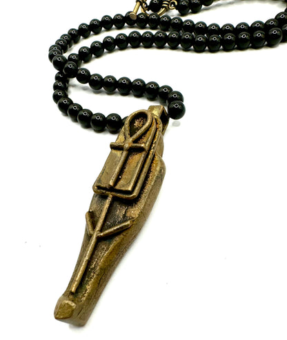 Sekhmet’s Eternal Rest Bronze Ushabti on a Black Onyx Beaded Necklace with Bronze Toggle