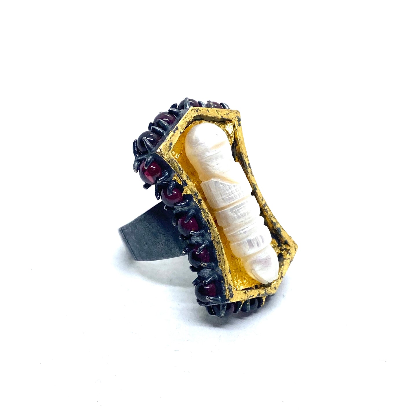 Coffin Ring in Sterling Silver and Garnet With Pearl