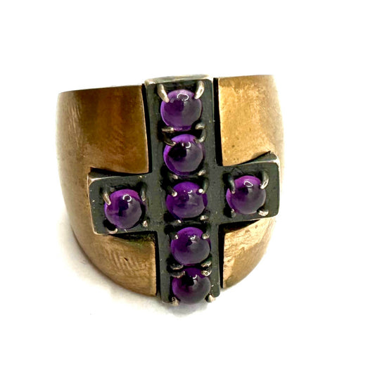 Amethyst Sterling Silver Cross Brutalist Bronze Ring