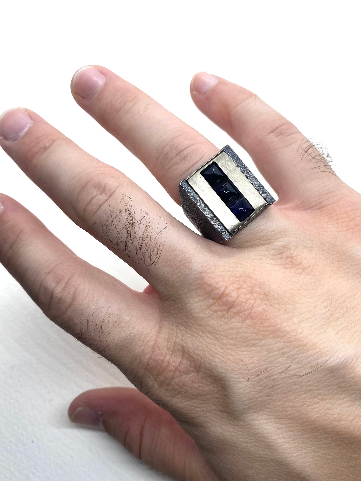 Brutalist Ring with Iolite Pyramids in Sterling Silver