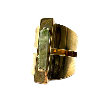 Brutalist Green Tourmaline Modern Ring in Bronze