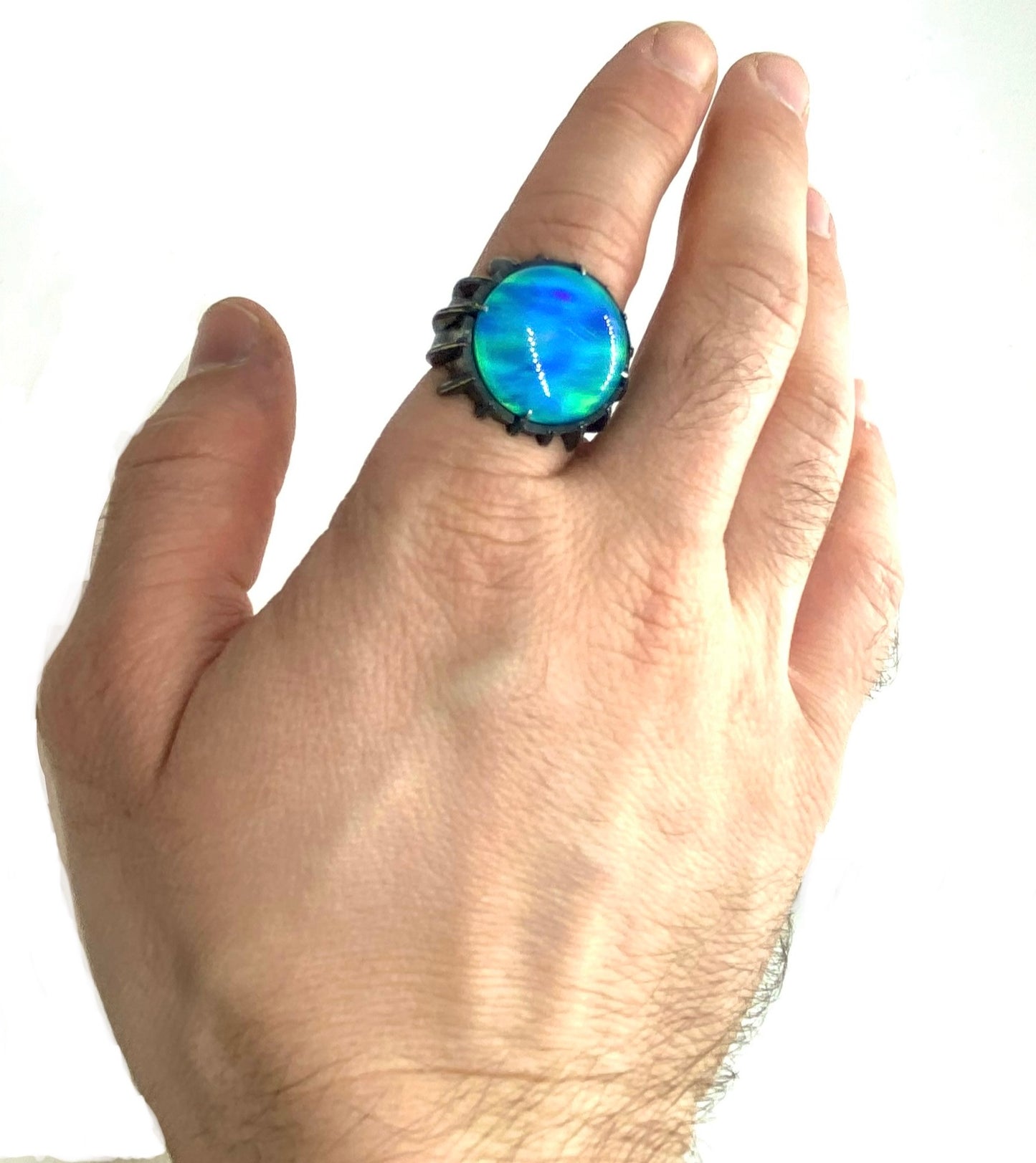 Brook of Danu Brutalist Ring with Aurora Opal in Sterling Silver