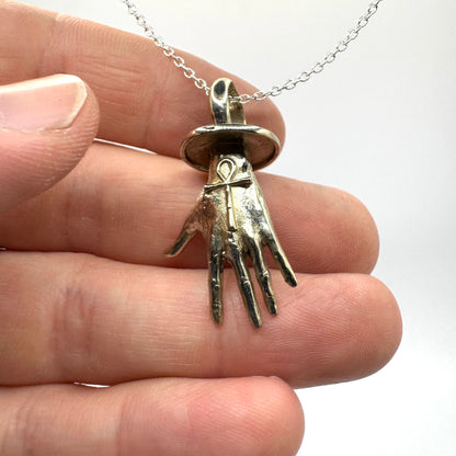 Ankh Hand Talisman Necklace Polished White Bronze