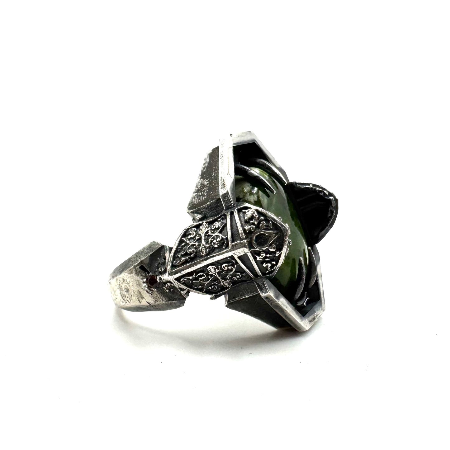 Green Knight Ring with Chrome Chalcedony and Garnet in Sterling Silver