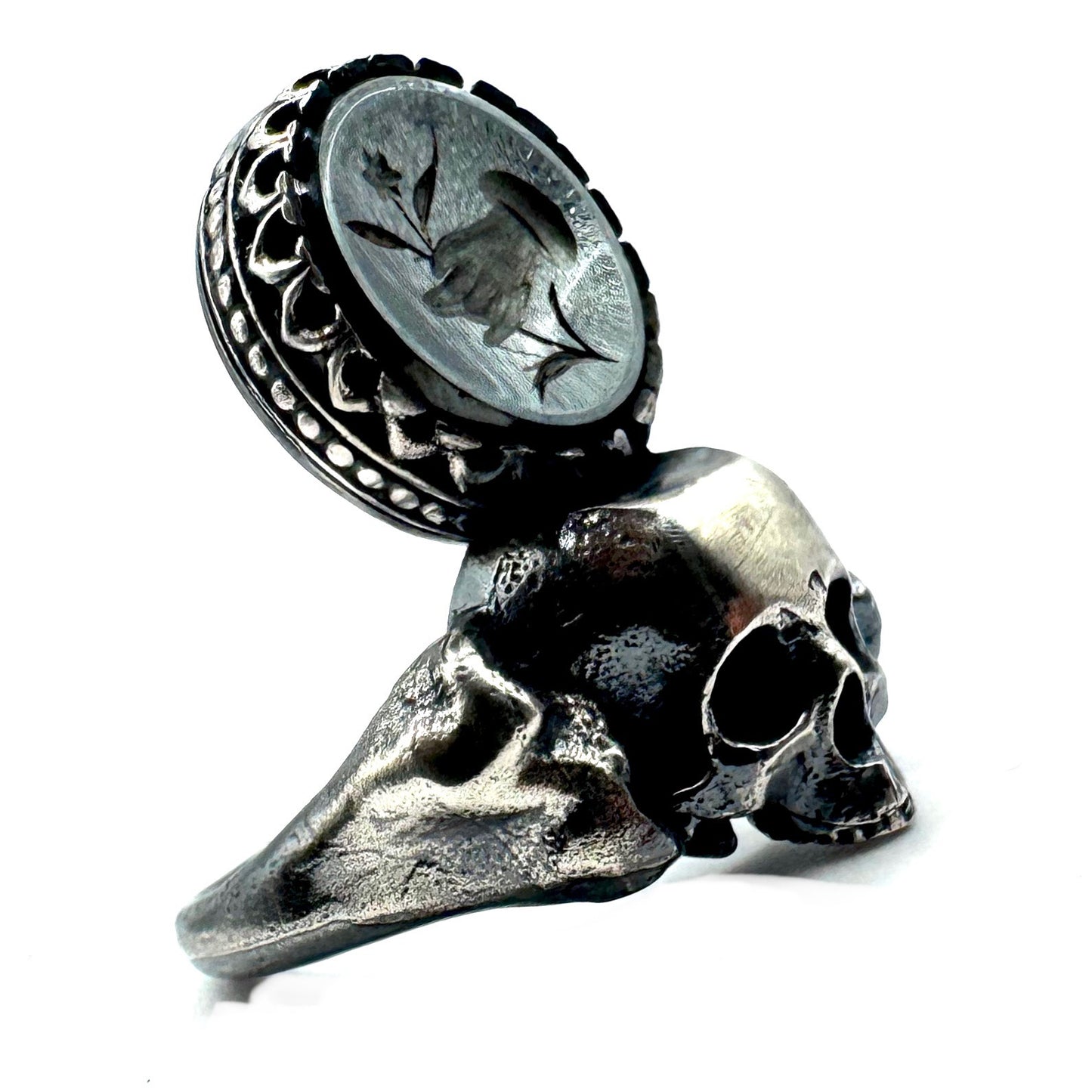 Yorick’s Crown Skull and Bones Ring in Sterling Silver with Intaglio Hematite