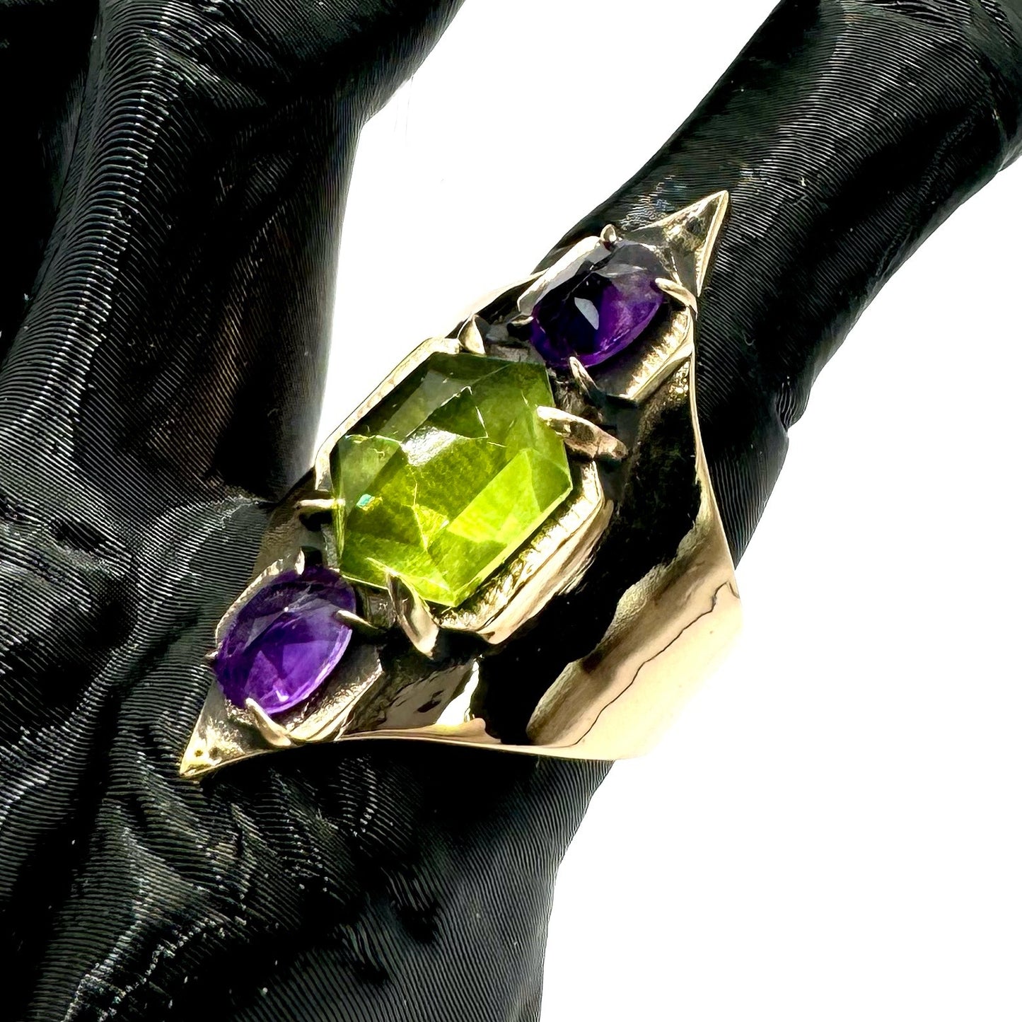 Mage’s Rath Bronze Amethyst and Peridot Brutalist Ring