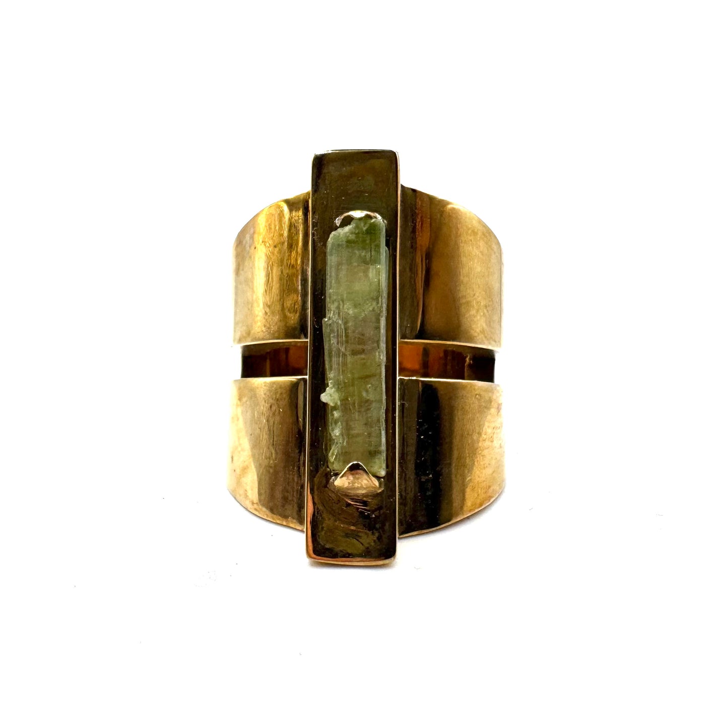 Brutalist Green Tourmaline Modern Ring in Bronze