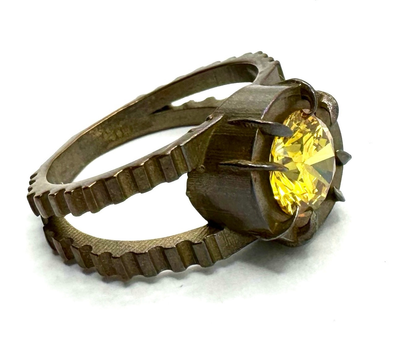 Yellow CZ Bronze Split Band Brutalist Ring