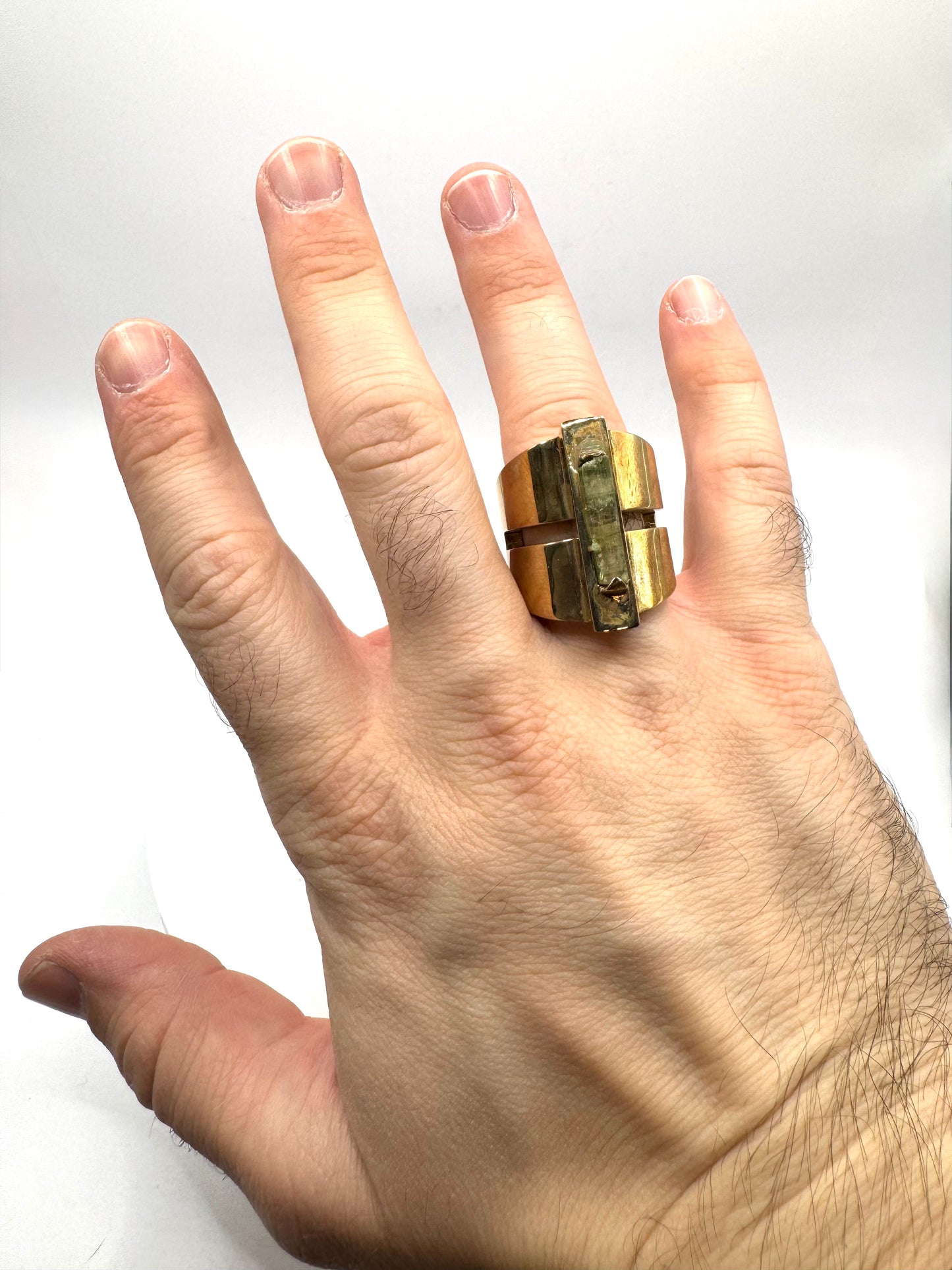 Brutalist Green Tourmaline Modern Ring in Bronze