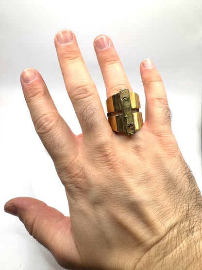 Brutalist Green Tourmaline Modern Ring in Bronze