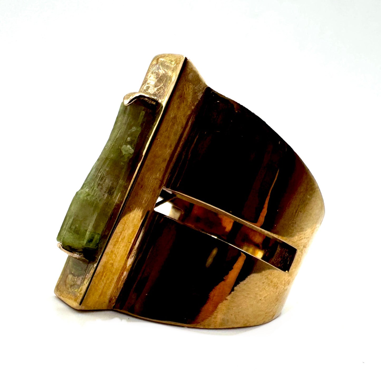 Brutalist Green Tourmaline Modern Ring in Bronze