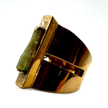 Brutalist Green Tourmaline Modern Ring in Bronze