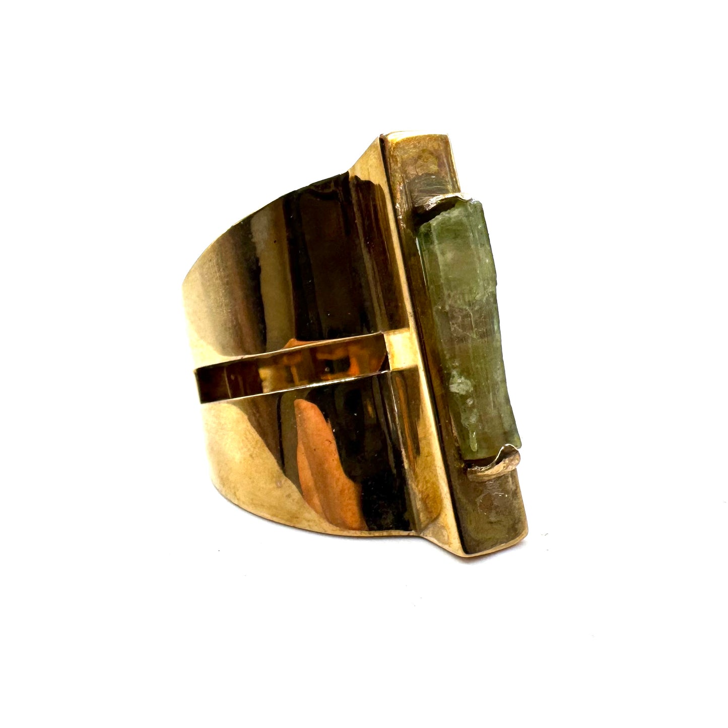Brutalist Green Tourmaline Modern Ring in Bronze