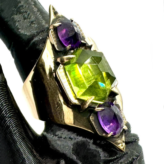 Mage’s Rath Bronze Amethyst and Peridot Brutalist Ring