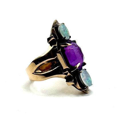 Shadowcaster Bronze Austrlian Opal and Amethyst Brutalist Ring