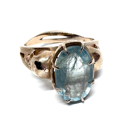 Cathedral skull Ring With Aquamarine in Bronze