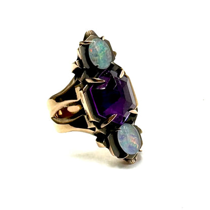 Shadowcaster Bronze Austrlian Opal and Amethyst Brutalist Ring