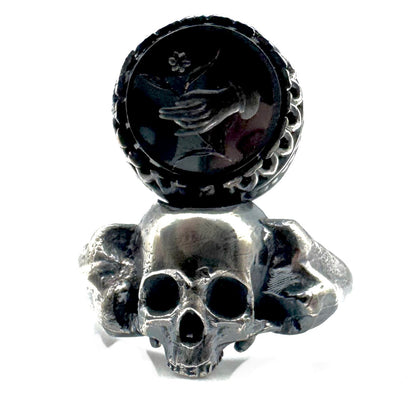 Yorick’s Crown Skull and Bones Ring in Sterling Silver with Intaglio Hematite