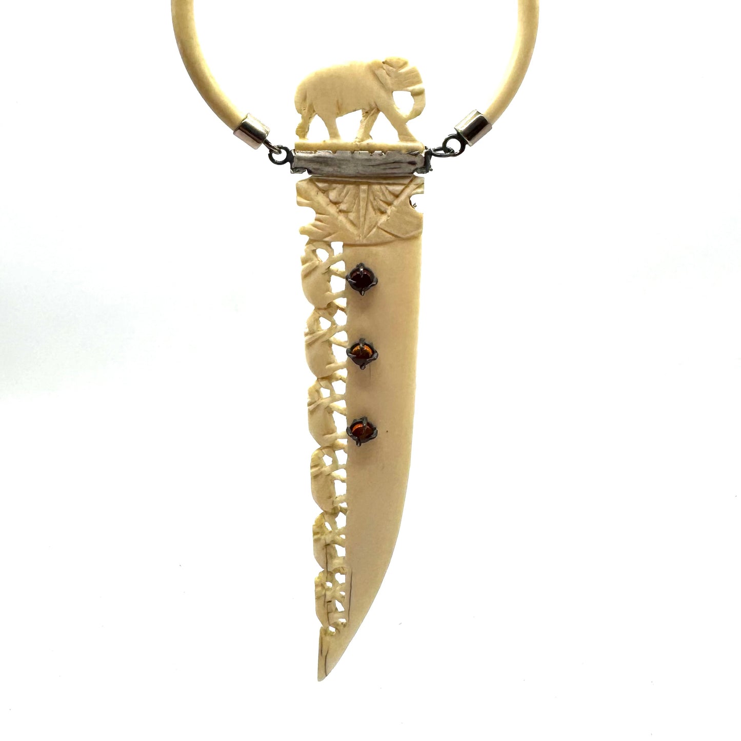 Dagger Amulet In Carved Bone And Amber accents in Sterling Silver