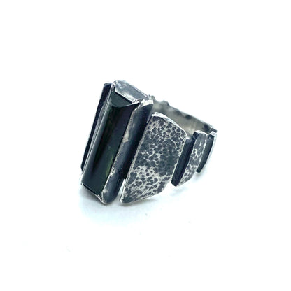 Brutalist Ring with Green Tourmaline in Sterling Silver