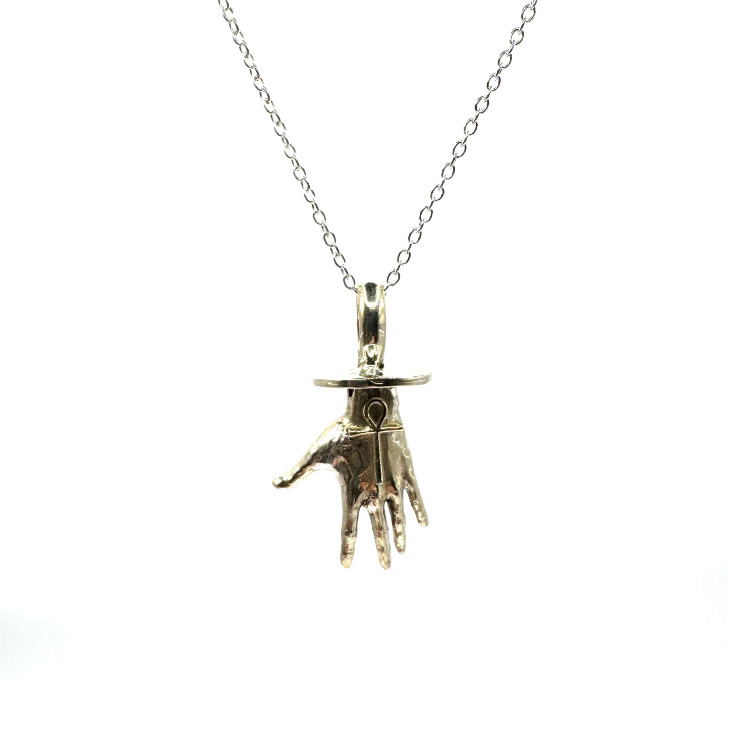 Ankh Hand Talisman Necklace Polished White Bronze