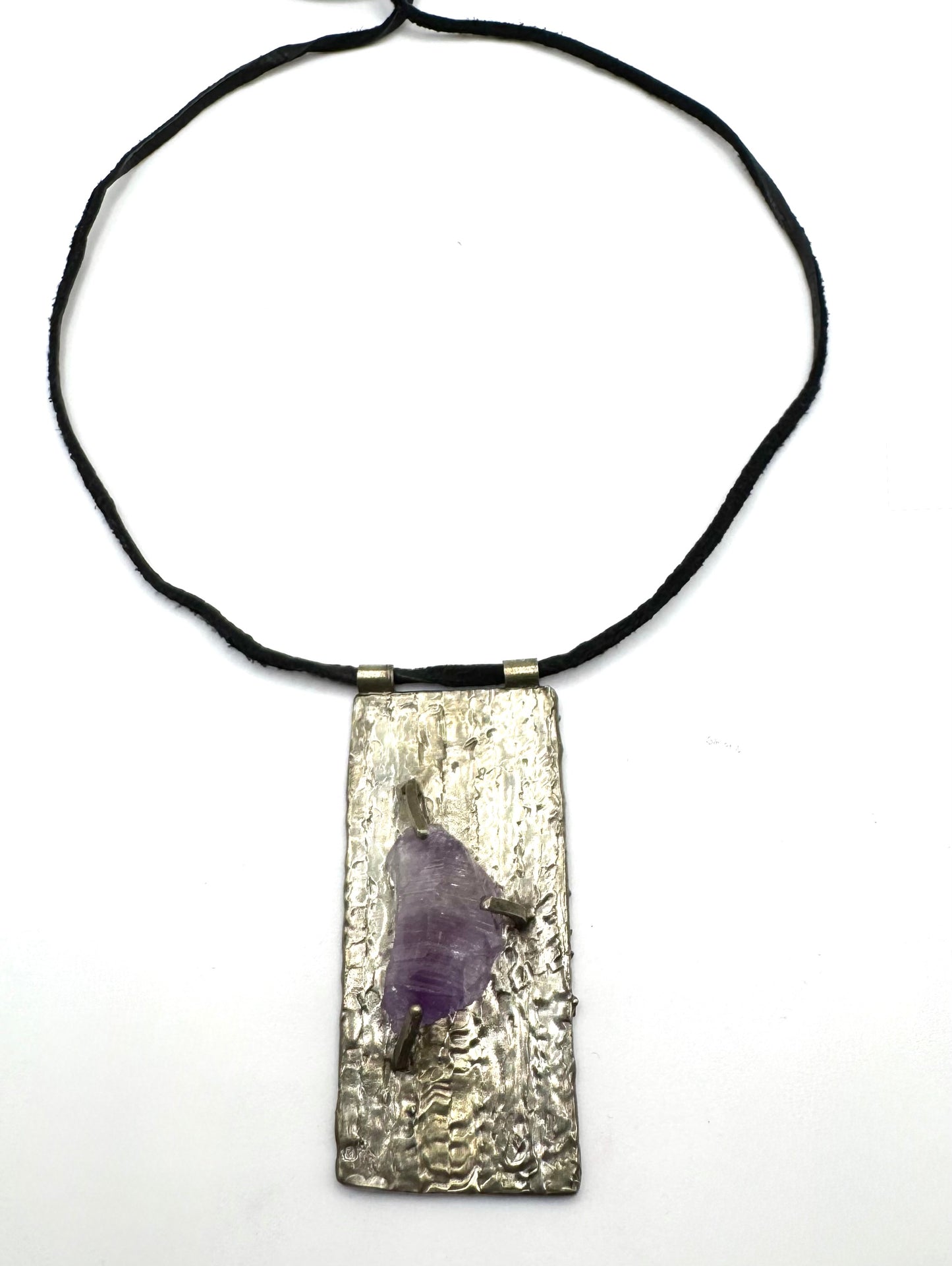 Talisman With Raw Amethyst with White Bronze on Leather