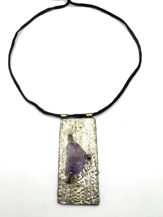 Talisman With Raw Amethyst with White Bronze on Leather
