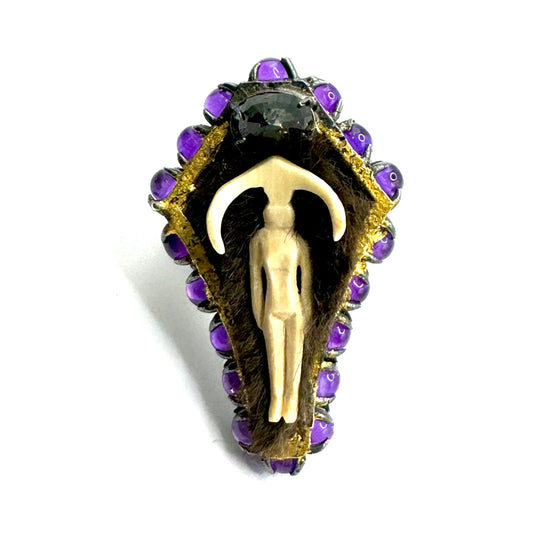 Queen Morningstar Carved Lilith Coffin Ring in Sterling Silver Amethyst Gold Leaf