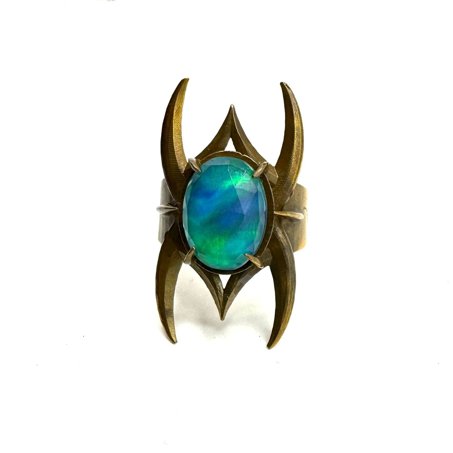 Spine Bronze Aurora Opal Brutalist Ring